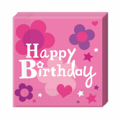 20 stk Servietter Happy Birthday Pink 33x33 cm